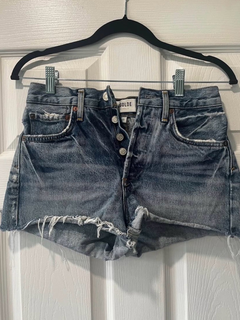 Agolde Washed Black Distressed High-Rise Denim Shorts